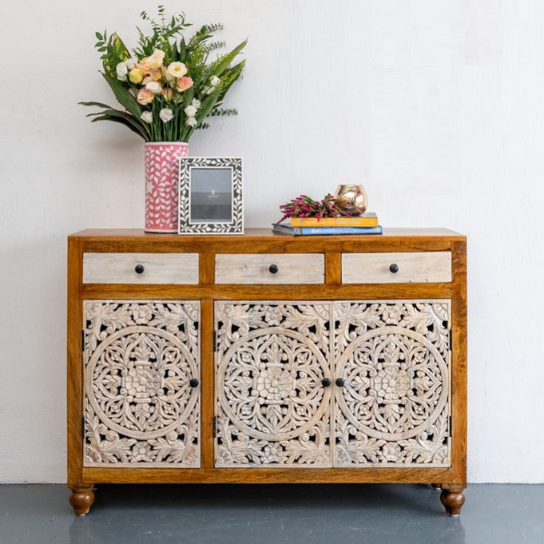 Craftology Hand-Carved Teak Wood Shoe Rack Cabinet with 3 Doors and 2 Drawers Stylish Rustic Storage Solution for Home Entryway