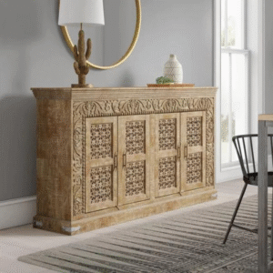 Mcoor Hand Carved Teak Wood Sideboard Cabinet with 4 Doors (Natural)