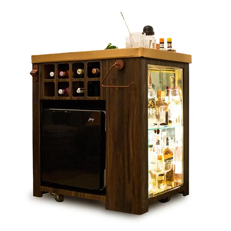 Storing Handmade Teak Wood Bar Cabinet Stylish Look for Wine, Liquor, Glasses ( Vinyl Finish & Matt Gold Finish ) - Image 3