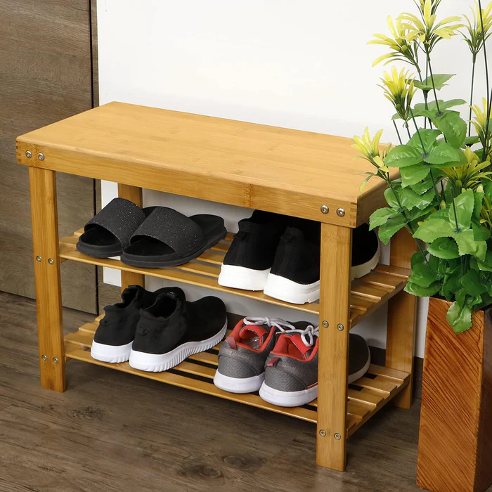 Natural Art & Crafts Cirro Bamboo Wood Shoe Rack with 2-Tier Shelves Space-Saving Entryway & Hallway Shoe Organizer (Natural) - Image 2