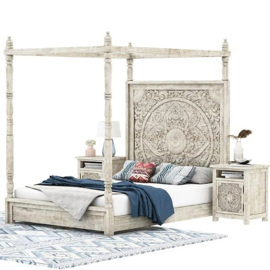 Canopy Royal Hand Carved Teak Wood Poster Bed with 2 Elegant Bedside Tables ( Antique White Finish ) - Image 2