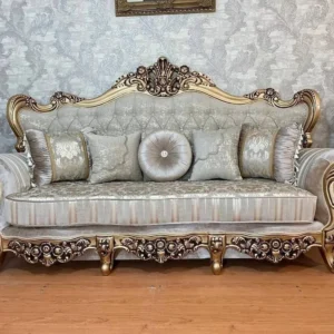 Handmade Royal Antique Golden Finish 3 Seater Carved Sofa with Cushions Luxury Wooden Upholstered Sofa