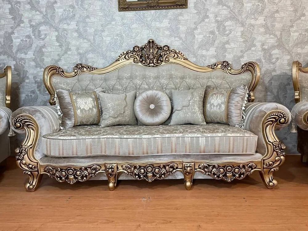 Handmade Royal Antique Golden Finish 3 Seater Carved Sofa with Cushions Luxury Wooden Upholstered Sofa