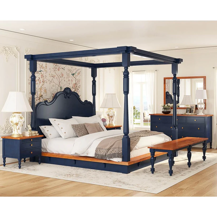 Florentina Royal Handmade Teak Wood Poster Bed Set ( Blue )