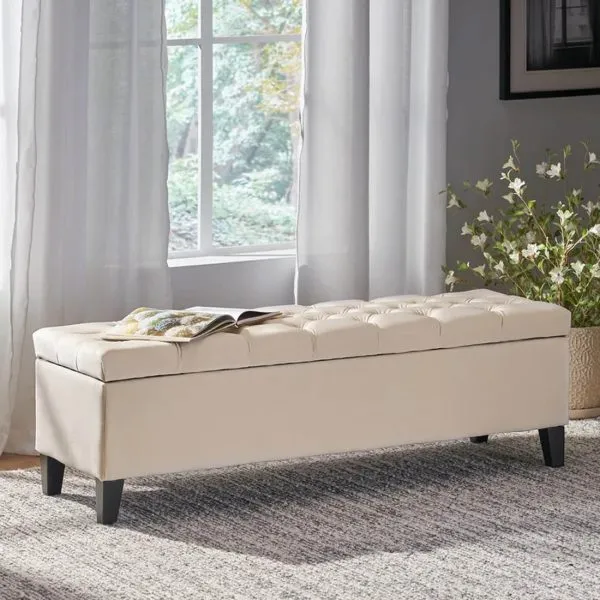 Tufted Teak Wood Velvet Fabric Flip Top Storage Bench Couch