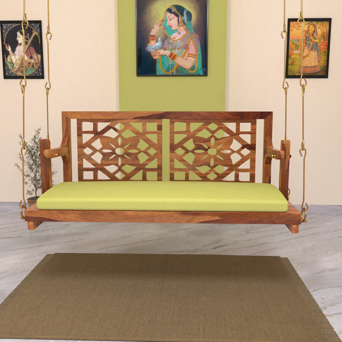 Natural Art & Crafts Fusion Flowered Carved Back Handmade Teak Wood Swing Patio Hammock Jhula Traditional Style