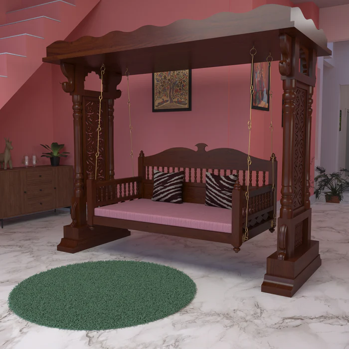 Vintage Hand Carved Swing, Hammock, Jhula, Cradle 3 Seater (Walnut Finish)