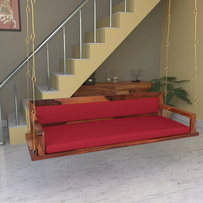 Red Back Upholstered Heritage Handmade Teak Wood Swing Patio Hammock Jhula Traditional Style