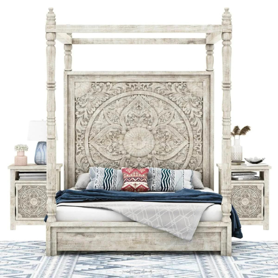 Canopy Royal Hand Carved Teak Wood Poster Bed with 2 Elegant Bedside Tables  ( Antique White Finish )
