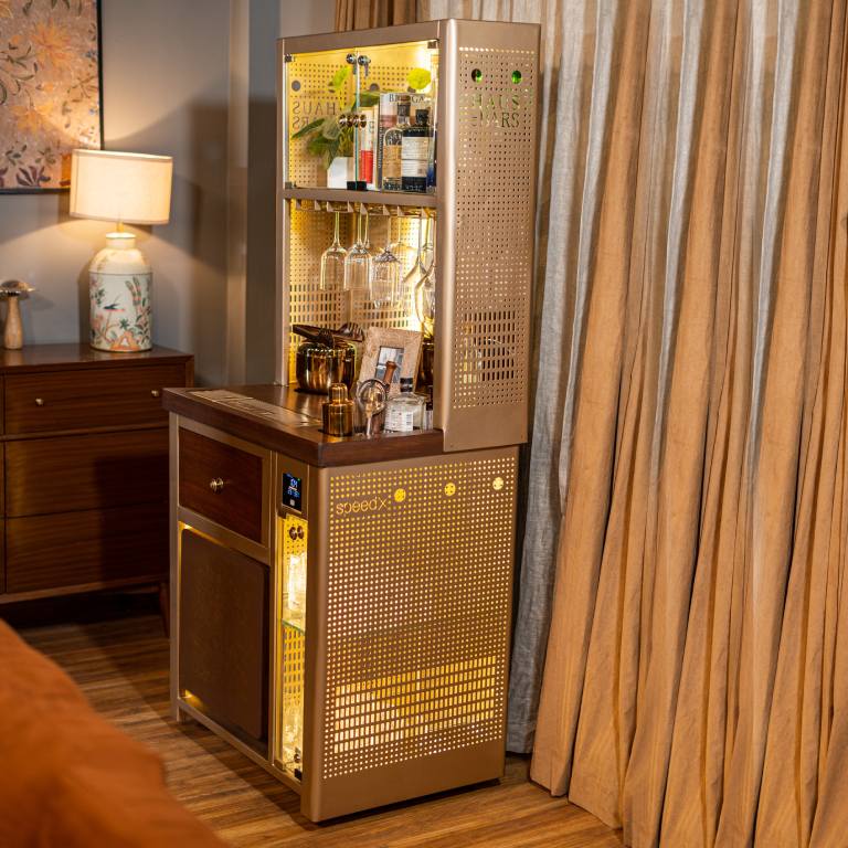 Storing Handmade Teak Wood Bar Cabinet Stylish Look for Wine, Liquor, Glasses ( Top Gold Lattice ) - Image 3