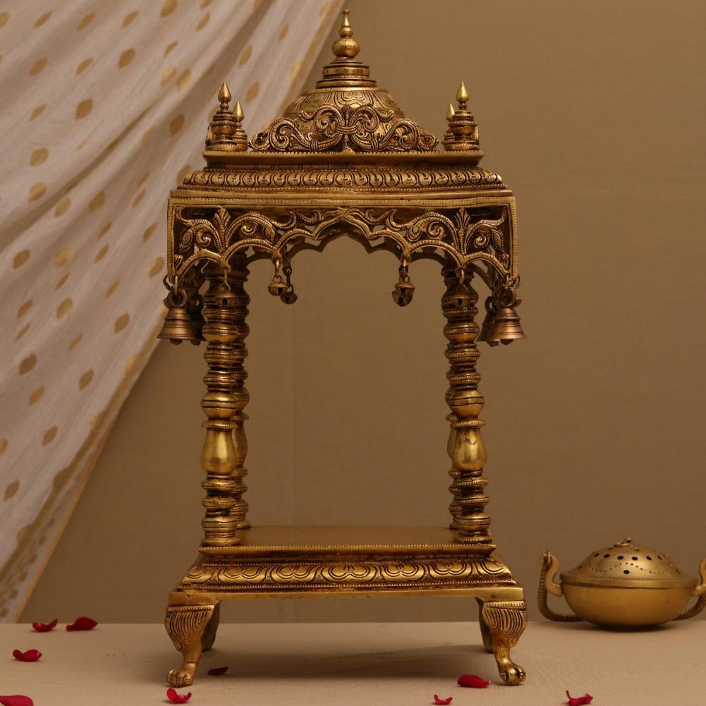 Traditional Hand Carved Teak Wood Pooja Temple for Daily Prayers (Golden Elegant Finish)