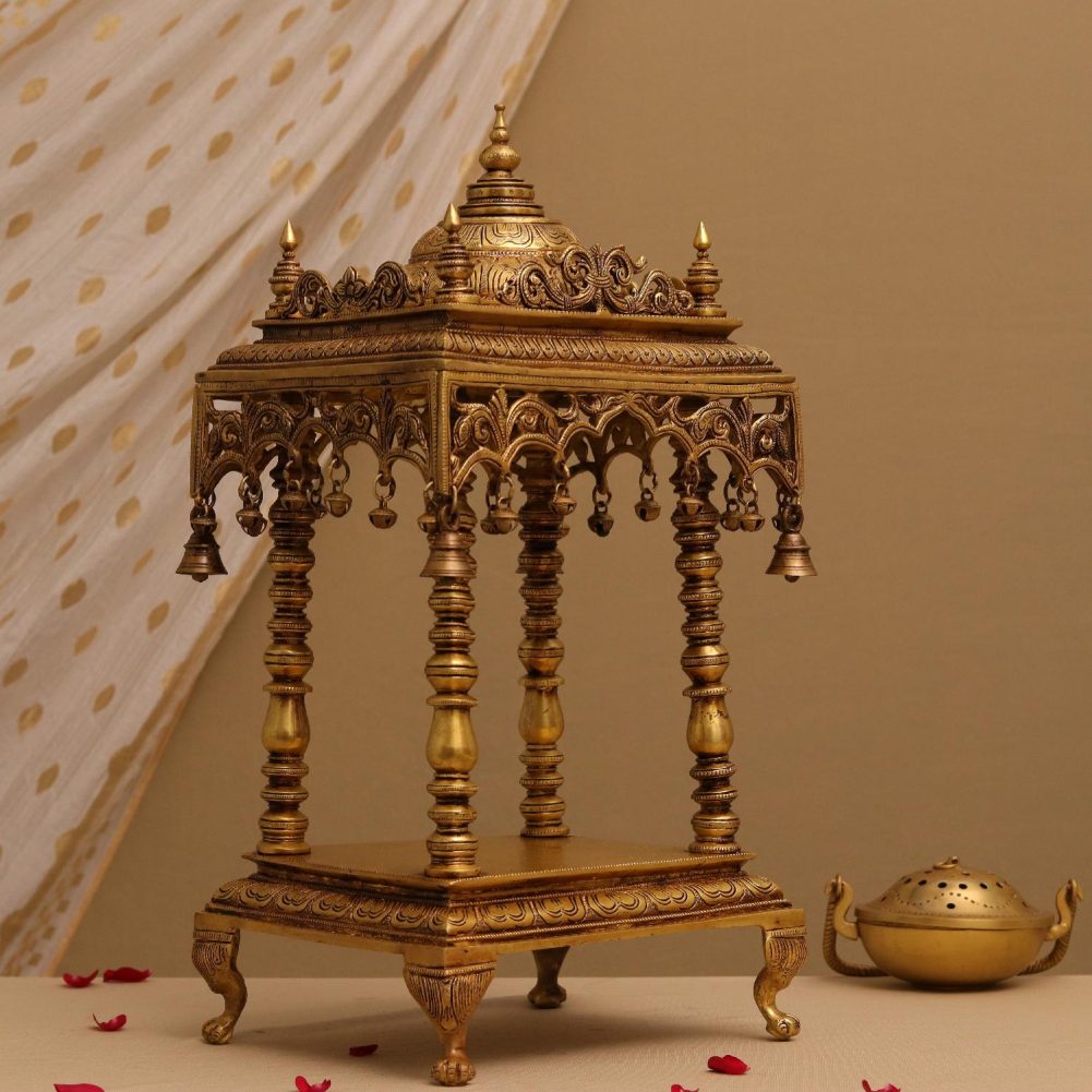 Traditional Hand Carved Teak Wood Pooja Temple for Daily Prayers (Golden Elegant Finish) - Image 2