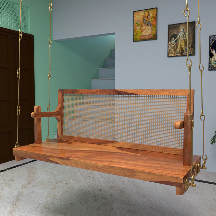 Adorable Thin Cane Reversible Handmade Teak Wood Swing Patio Hammock Jhula Traditional Style