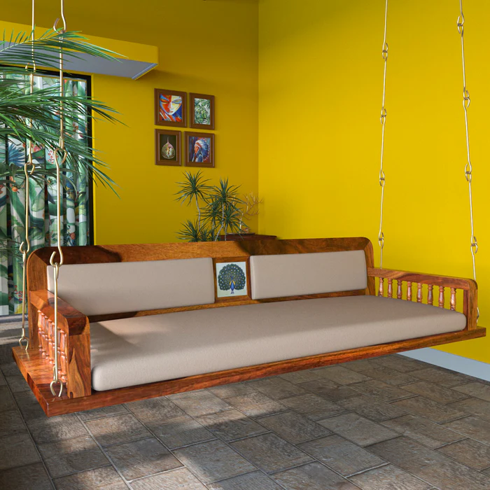 Charming Cream Upholstery Handmade Teak Wood Swing Patio Hammock Jhula Traditional Style