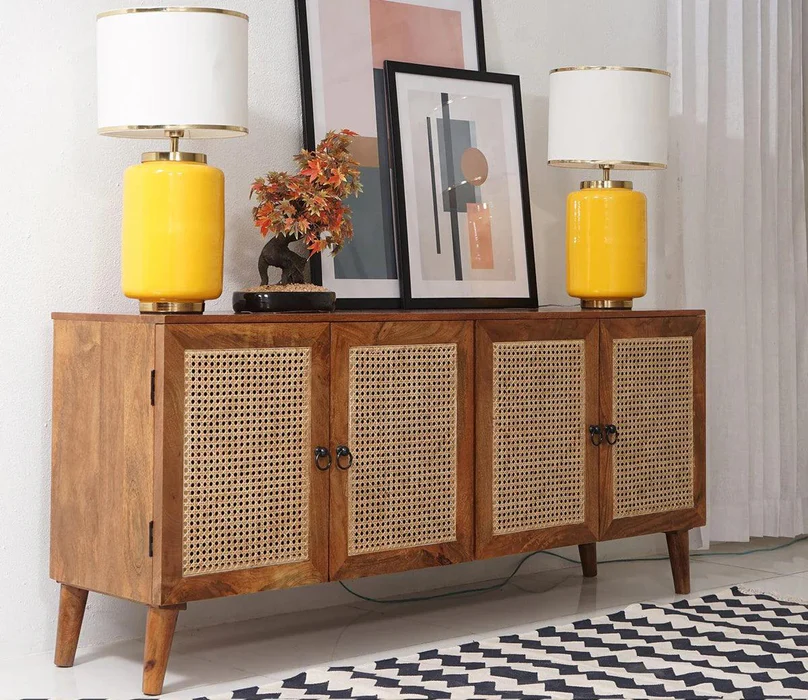 Cane Rattan Mango Wood Cabinet and Sideboard with 4 Doors