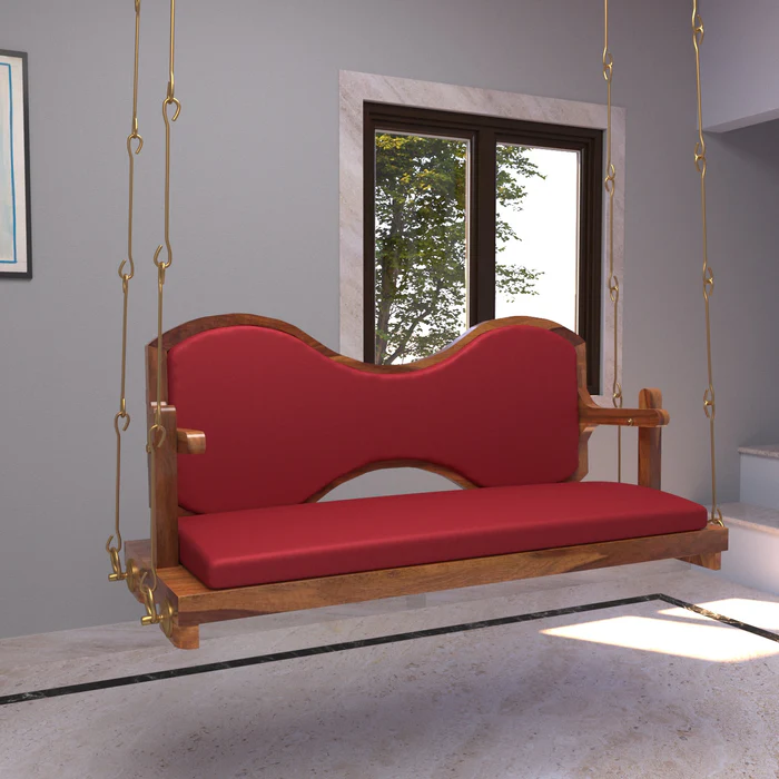 Classic Cherry Reddish Boomerang Handmade Teak Wood Swing Patio Hammock Jhula Traditional Indian Style