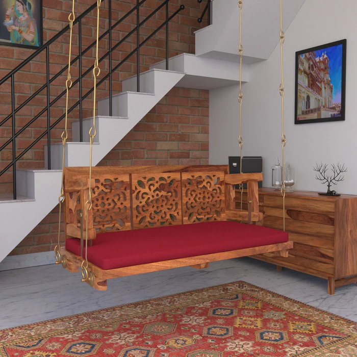 Vintage Carved Back Designed Red Upholstery Handmade Teak Wood Swing Patio Hammock Jhula Traditional Style - Image 2
