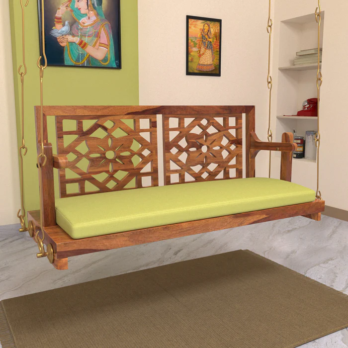 Natural Art & Crafts Fusion Flowered Carved Back Handmade Teak Wood Swing Patio Hammock Jhula Traditional Style - Image 2