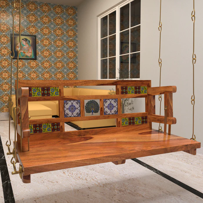 Heritage Tiles Fitted Large Handmade Teak Wood Swing Patio Hammock Jhula Traditional Style