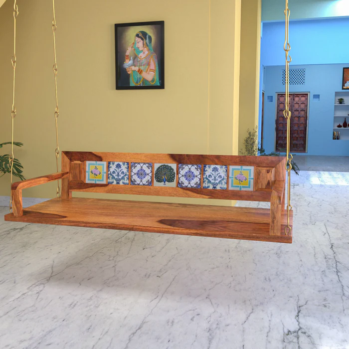 Melodious Multiple Tile Fitted Handmade Teak Wood Swing Patio Hammock Jhula Traditional Style