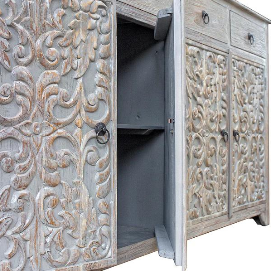 Spainss Hand Carved Teak Wood Sideboard Cabinet with 4 Doors and 4 Drawers ( Floral ) - Image 3