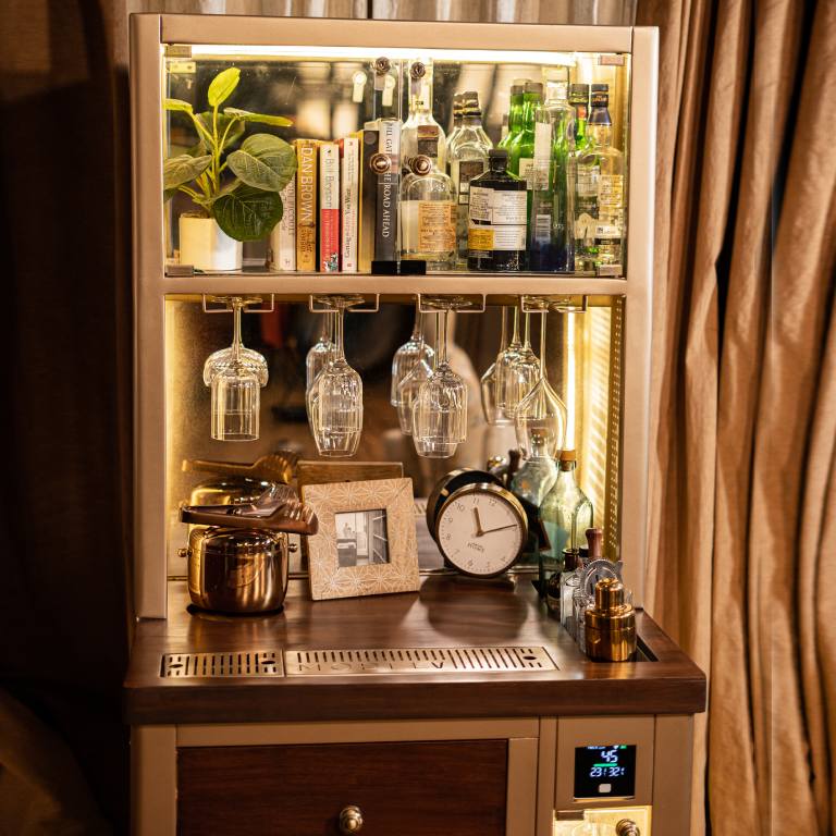 Storing Handmade Teak Wood Bar Cabinet Stylish Look for Wine, Liquor, Glasses ( Top Gold Lattice ) - Image 4