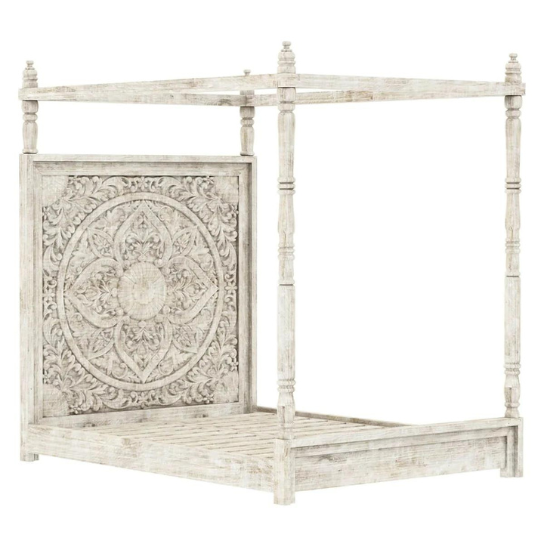 Canopy Royal Hand Carved Teak Wood Poster Bed with 2 Elegant Bedside Tables ( Antique White Finish ) - Image 3