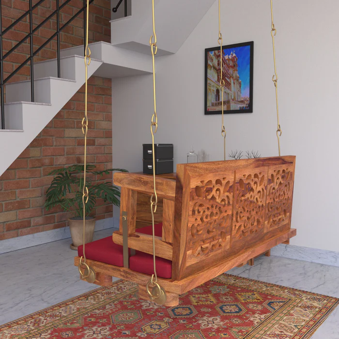 Vintage Carved Back Designed Red Upholstery Handmade Teak Wood Swing Patio Hammock Jhula Traditional Style - Image 3