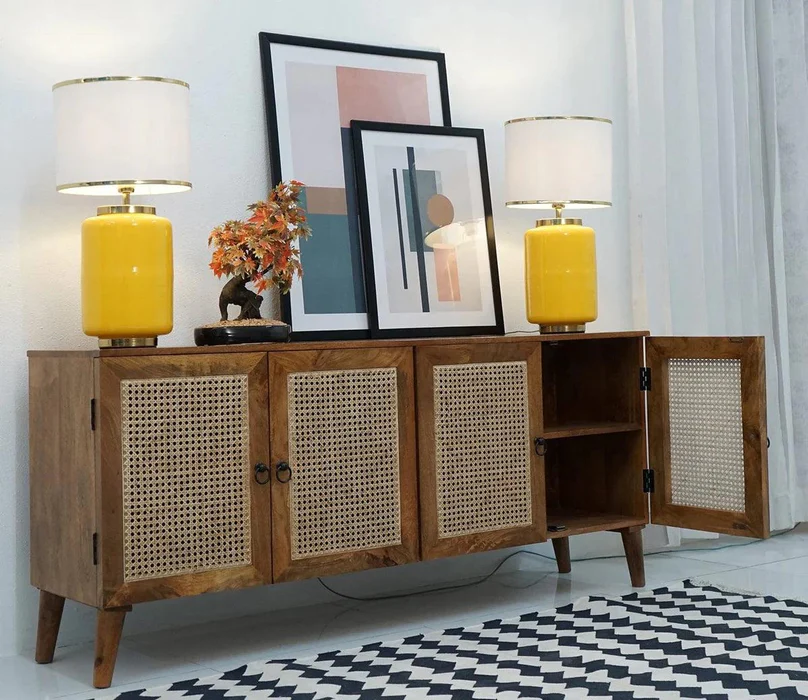 Cane Rattan Mango Wood Cabinet and Sideboard with 4 Doors - Image 2