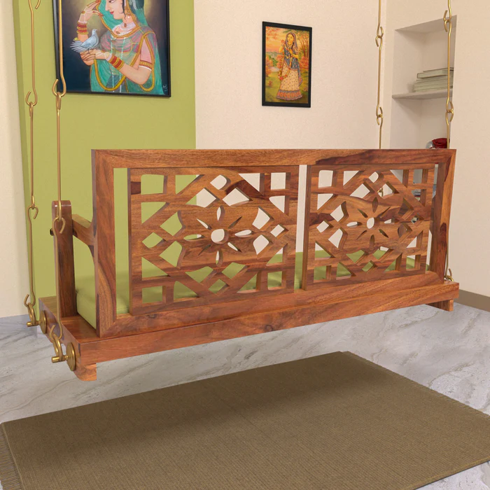 Natural Art & Crafts Fusion Flowered Carved Back Handmade Teak Wood Swing Patio Hammock Jhula Traditional Style - Image 3