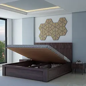 Hexa Handmade Premium Teak Wood Hydraulic Storage King Size Bed Modern Space Saving Design with Elegant Finish