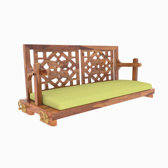 Natural Art & Crafts Fusion Flowered Carved Back Handmade Teak Wood Swing Patio Hammock Jhula Traditional Style - Image 4