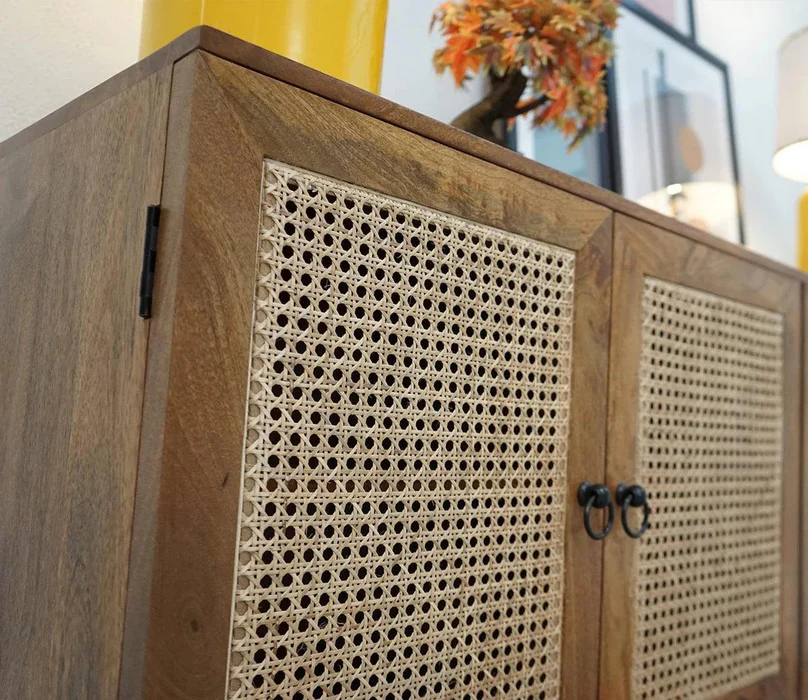 Cane Rattan Mango Wood Cabinet and Sideboard with 4 Doors - Image 4