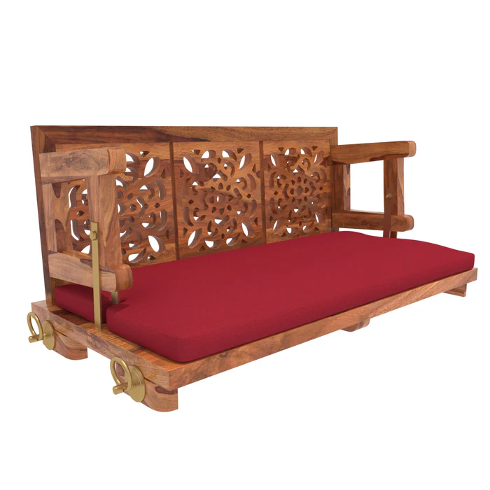 Vintage Carved Back Designed Red Upholstery Handmade Teak Wood Swing Patio Hammock Jhula Traditional Style - Image 4