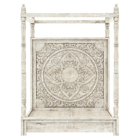 Canopy Royal Hand Carved Teak Wood Poster Bed with 2 Elegant Bedside Tables ( Antique White Finish ) - Image 4