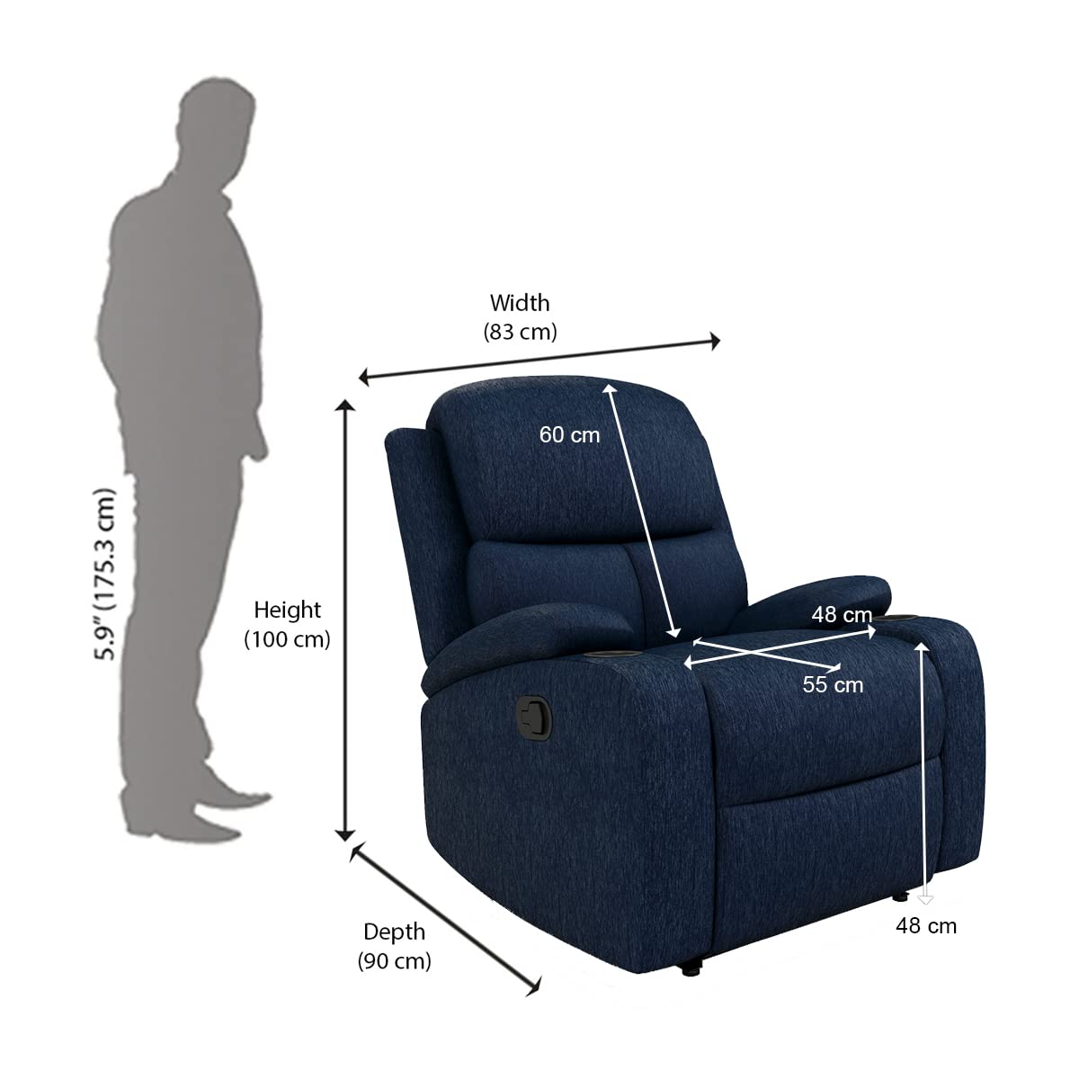 Manual Recliner Chair with Cup Holder, Soft Fabric Recliner, Comfortable Living Room Seating (Blue) - Image 4