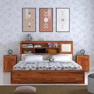 Veneer Handmade Teak Wood King Size Plain Bed for Bedroom, Hotel with 2 Bedside Tables