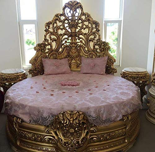 Dice Hand Carved Teak Wood Round King Size Bed Luxurious Royal Design, for Master Bedroom ( Golden Finish )