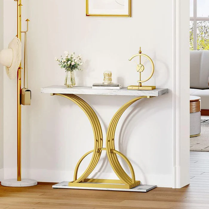Luxurious Rectangle Console Table with White Wooden Top Modern Design (White & Golden) - Image 3
