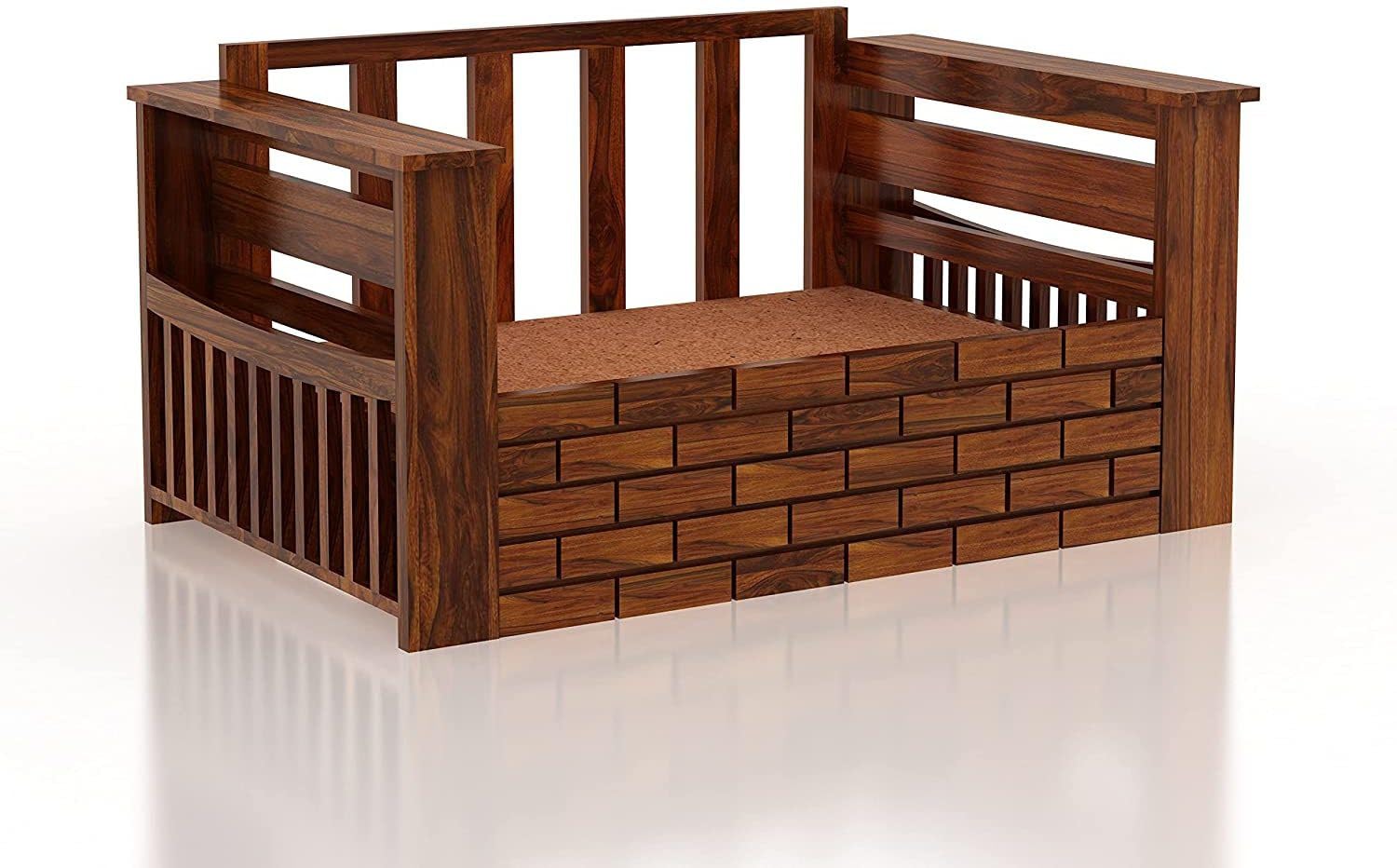 Fence Design Handmade Teak Wood 2 Seater Sofa Cum Bed Rustic Convertible Wooden Sofa Bed for Living Room ( Honey Finish ) - Image 3