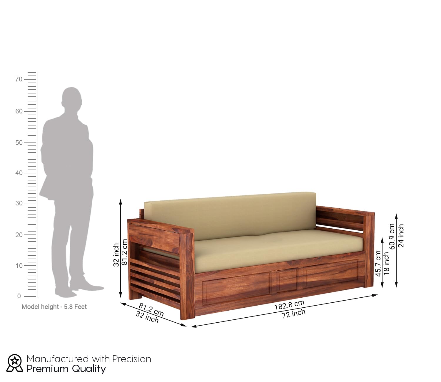 Expandable Flap Magazine Rack Handmade Teak Wood 3-Seater Sofa Cum Bed Comfortable Convertible Seating for Living Room - Image 7