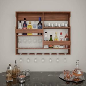 Wooden Wall Mounted Wine Rack, Bar Cabinet with Glass Storage, Wall Hanging Mini Bar for Home Wine Rack/Holder Upside Down Glass Hanging Organizer