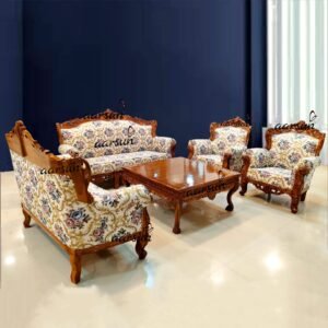 Tragic Hand Carved Teak Wood Sofa Set 3+2+1+1 with Coffee Table Elegant Living Room