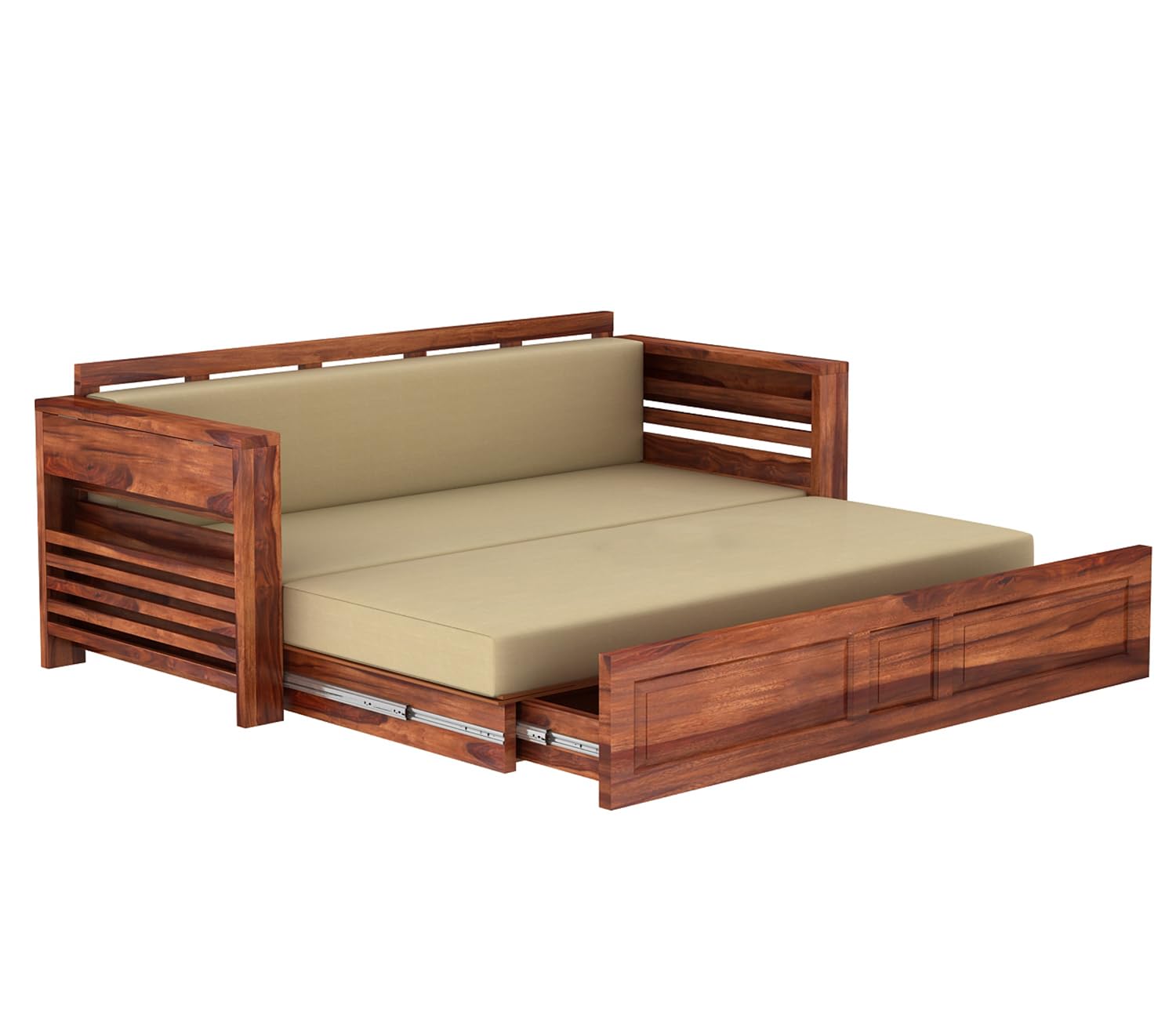 Expandable Flap Magazine Rack Handmade Teak Wood 3-Seater Sofa Cum Bed Comfortable Convertible Seating for Living Room - Image 4