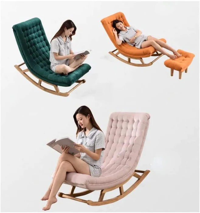 Natural Art & Crafts Recliner Lounger Wooden Rocking Chair in Premium Soft Comfortable Cushion (Pink) - Image 2