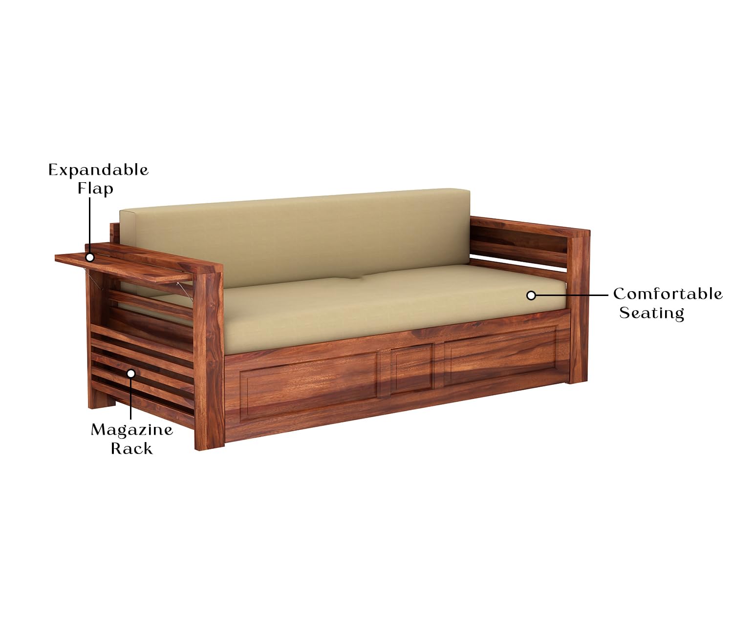 Expandable Flap Magazine Rack Handmade Teak Wood 3-Seater Sofa Cum Bed Comfortable Convertible Seating for Living Room - Image 5