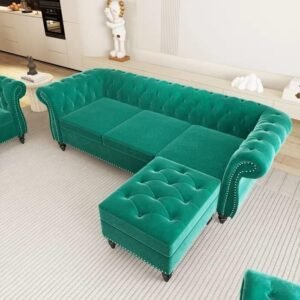 Chesterfield Handmade Teak Wood 3-Seater Sectional Sofa Set with Ottoman, Button Tufted Upholstery, Luxury Living Room