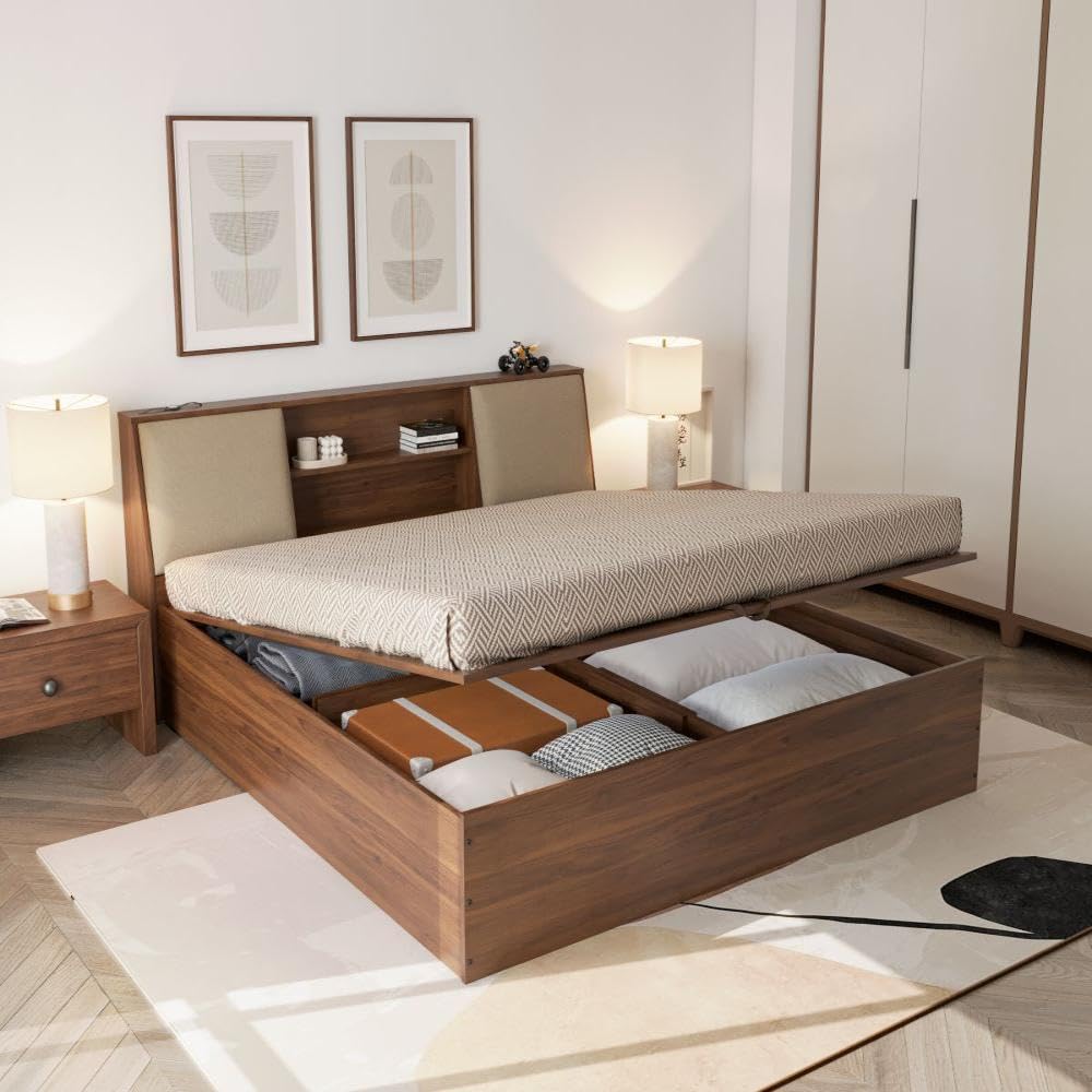 Bonzer Teak Wood Hydraulic Storage King Size Bed Modern Space Saving Design with Elegant Finish