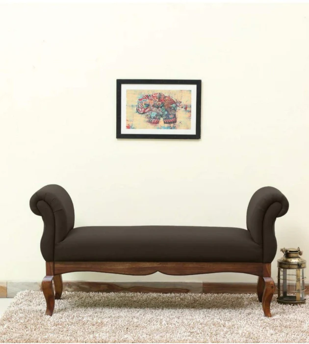 Montérno Luxury 2 Seater Bench, Polyester Upholstered Teak Wood Couch, Elegant Modern Living Room