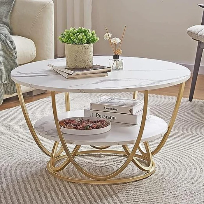 Round Coffee Table with Marble Top Like Finish Stylish 2-Tier Designraggy Modern Butterfly Design Coffee Table With Convenient Storage 1 Drawer ( White )